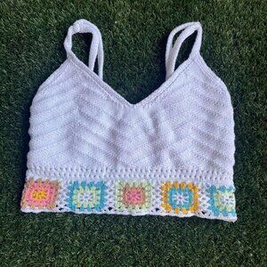 White crochet crop top with crochet squares and adjustable straps